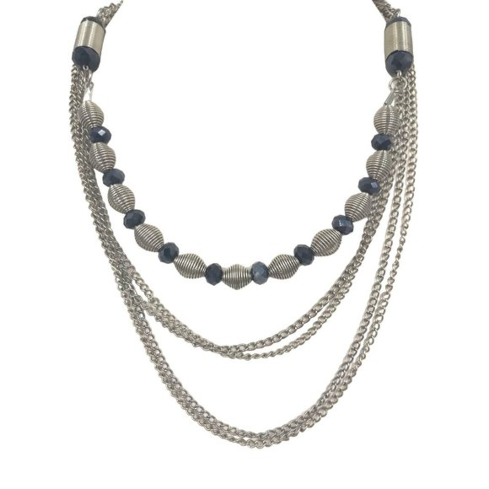 Silver Tone Chain Multi Strand Necklace  Black Beads‎ 18"